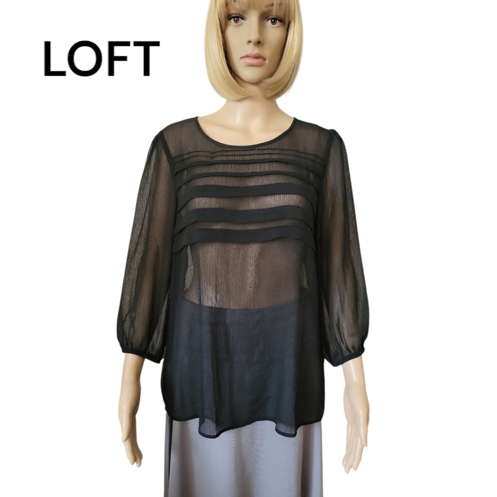 LOFT Ann Taylor Pleated Front Sheer Blouse/ Top, M, Black, NWOT